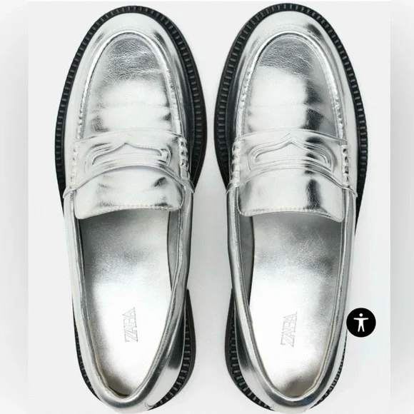 ZARA Metallic Silver Lug Sole Loafers - Picture 2 of 11